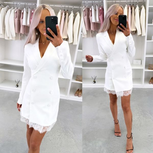 Balts Pieguļoša žaketes Stila Kleita