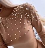 Beige High Neck Sweater With Pearls