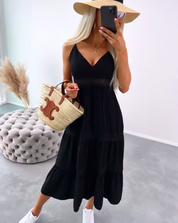 Black Summer Midi Dress With Lace Top