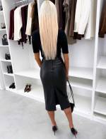 Czarny Miękka Skórzana Spódnica Z Rozcięciem