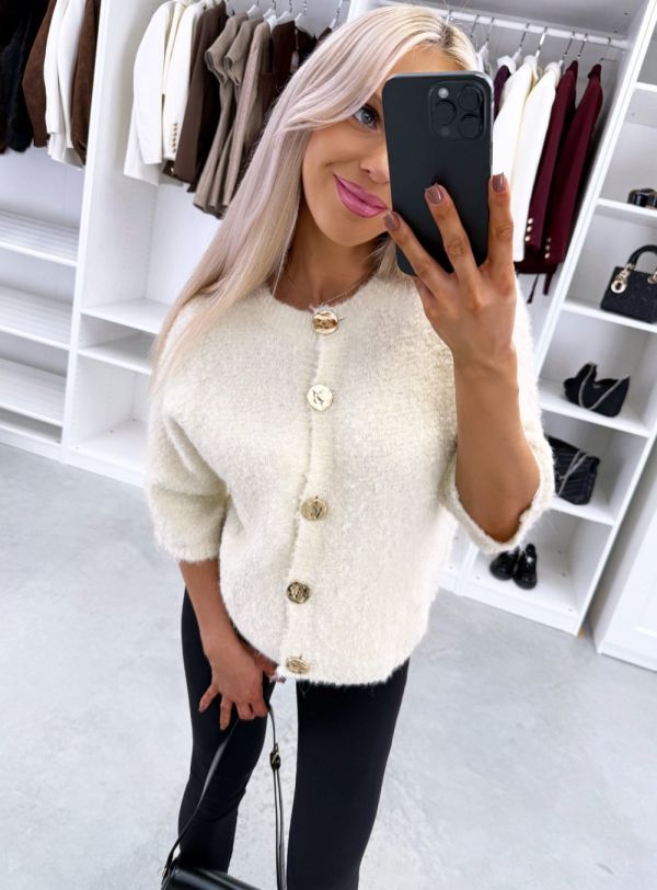 Light Beige Soft Cardigan With Gold-tone Buttons
