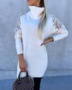 Camel High-neck Sweater Dress With Pearls