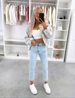 Šviesiai Mėlynas Minkšti Ir Patogūs Mom Fit Džinsai