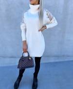 Camel High-neck Sweater Dress With Pearls