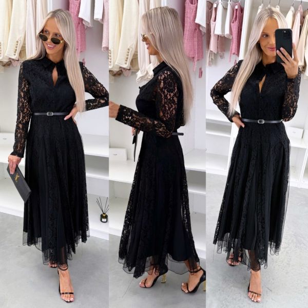 Melns Mežģīņu Kleita Ar Jostu