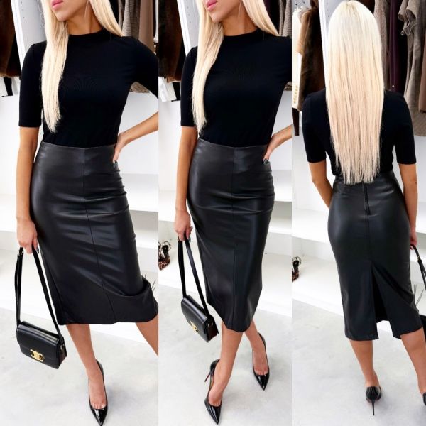 Black Soft Leather Skirt With Slit