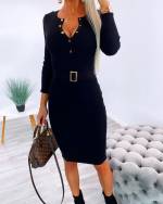 Brown Riveted Knit Midi Dress With Belt