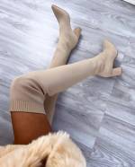 Khaki Thigh Boots Made Of Stretch Fabric With A Block Heel