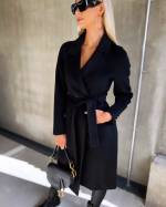 Black Tie-waist Wool Coat With Gold Details