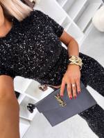 Juoda Švelnus Blizgučiais Siuvinėtas Trumpas Topas