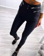 Melns Matētas ādas Elastīgas Bikses Ar Sudraba Rāvējslēdzējiem