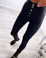 Black Matte Leather Stretch Pants With Buttons