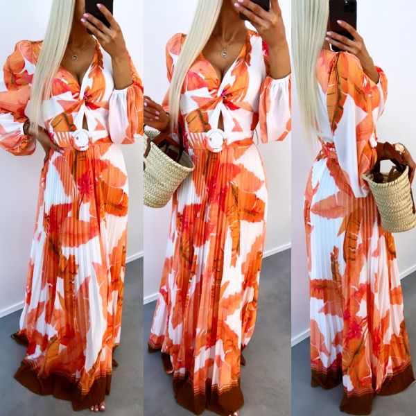 Orange Floral Belted Maxi Dress