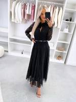 Черный Кружевное платье с поясом