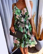 Green Tie-waist Floral Chiffon Dress