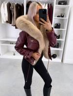 Ciemnoczerwony Parka Z Regulowanym Pasem I Luksusowym Sztucznym Futrem