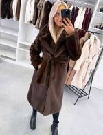 Ruda Prabangus žieminis Paltas Su Surišimu Priekyje