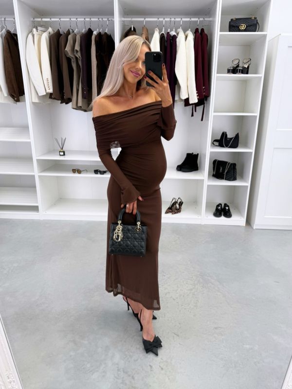 Brūns Elastīga Midi Kleita