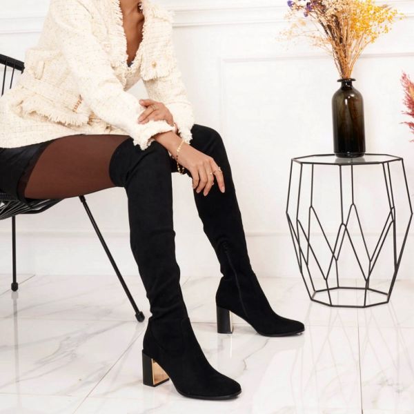 Черный Ботфорты на устойчивом каблуке