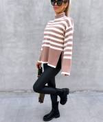 Beige Striped Turtleneck Sweater