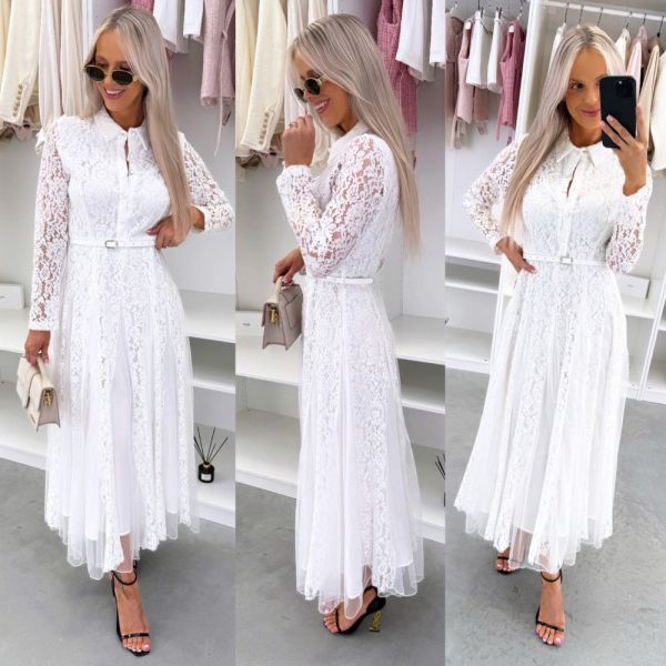 Balts Mežģīņu Kleita Ar Jostu