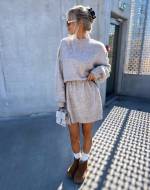 Taupe Soft Knit Dress With Thin Leather Belt