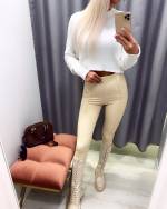 Beige Leather Leggings With Slit