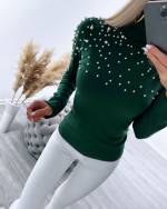 Dark Green High Neck Sweater With Pearls