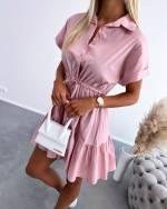 Pink Tie-waist Buttoned Casual Dress