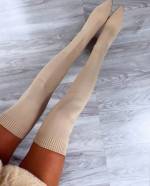 Бежевый Длинные сапоги из эластичной ткани на блочном каблуке