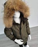 Khaki Warm Winter Parka With Natural Fur