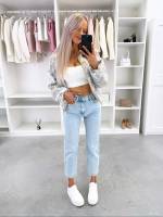 Šviesiai Mėlynas Minkšti Ir Patogūs Mom Fit Džinsai