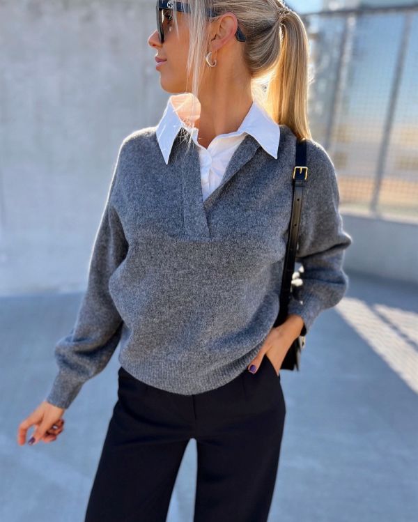 Grey Comfortable Sweater With White Collar