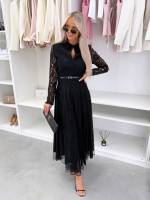 Черный Кружевное платье с поясом